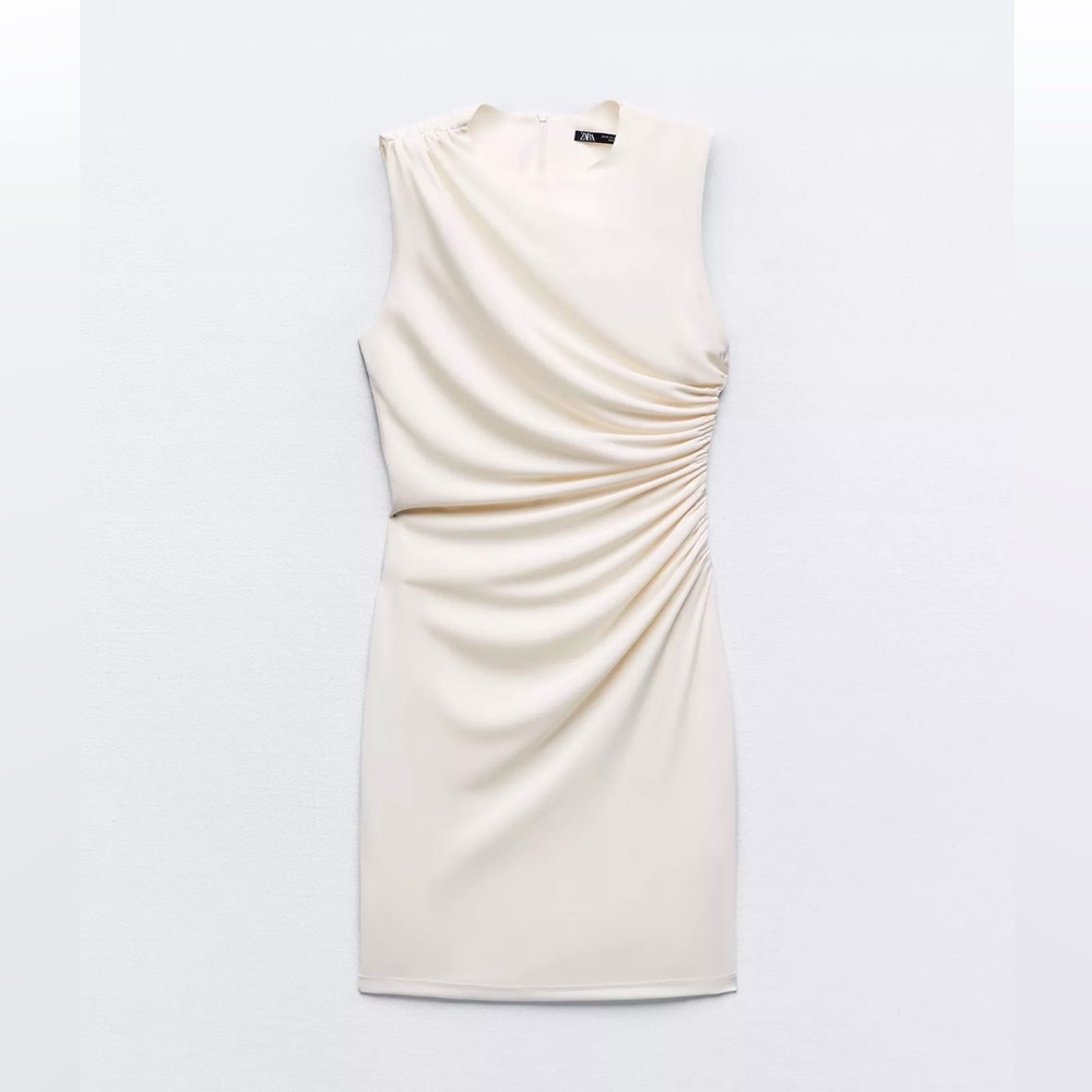 ZARA NWT Gathered Short Mini Dress Elegant Cream Sleeveless Size M